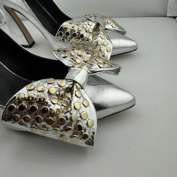 Ted Baker London Metallic Silver Studded Bow Heels - Picture 5 of 16